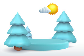 Realistic cartoon 3d winter nature composition in minimal cute style. Snow exhibition, podium, pedestal or island with christmas trees. Cute template background composition. Vector illustration.