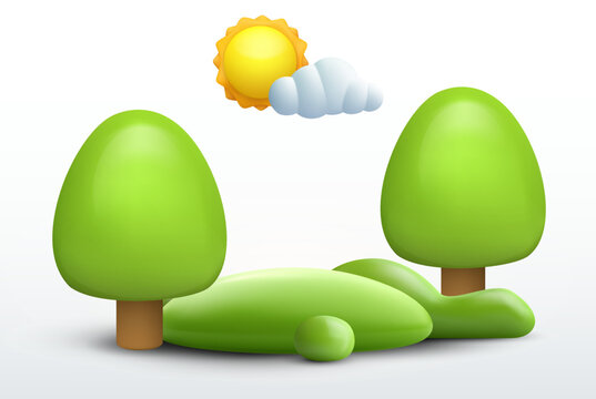 Realistic cartoon 3d summer nature composition in minimal cute style. Green ecology exhibition, podium, pedestal or island with trees. Cute template background composition. Vector illustration.
