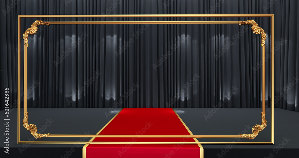 Wall mural 3d render of golden frame with red carpet on a curtain background