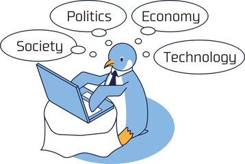 PEST（政治的、経済的、社会文化的、技術）分析をするペンギン