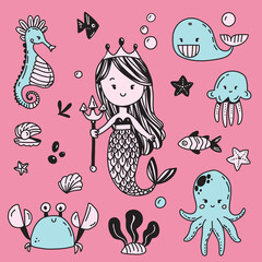 Cute mermaid and sea creatures, hand drawn stock vector illustration. Cartoon doodle, simple marine set: a whale, sea horse, octopus, jelly fish, crab, star fish.