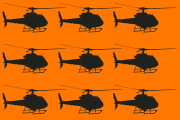 Illustration with silhouette of helicopters on orange background.