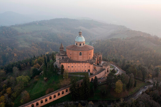 Aerial view of Sanctuary of the Madonna di San Luca in Bologna, Italy..