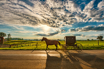 Amish buggy at dawn on rural road with the sun and clouds in the sky.