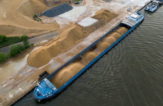 Aerial View Of Container Boat In Shipyard, Belgium..