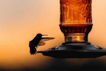 Closeup shot of a black-chinned hummingbird flying near a bird feeder at sunset