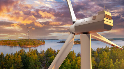 Offshore wind generators. White wind turbine over forest. Generation environmentally friendly...