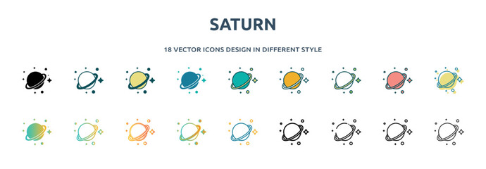 saturn icon in 18 different styles such as thin line, thick line, two color, glyph, colorful, lineal color, detailed, stroke and gradient. set of saturn vector for web, mobile, ui © IconArt