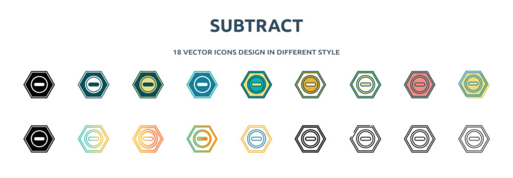 subtract icon in 18 different styles such as thin line, thick line, two color, glyph, colorful, lineal color, detailed, stroke and gradient. set of subtract vector for web, mobile, ui