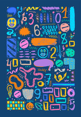 Hand drawn grunge doodles poster. Banner or greeting card with abstract modern elements and shapes. Emoji doodles. Grunge numbers and arrows.