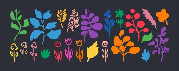 Grunge hand drawn doodle plants set. Big collection of abstract trendy floral elements and shapes for creating patterns or backgrounds. Grunge abstract flowers and palnts.
