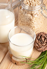 Cedar milk in glass and bottle and nuts in glass jar for it cooking. Milk replacer. Close up.