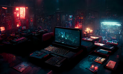 cyberpunk room at night, open laptop on desktop, lot of details around, digital art - 521645998