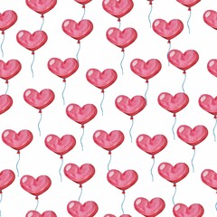 Naklejka na ściany i meble Watercolor pink balloons flying on white background. Seamless pattern. Heart shape balloons. Love.