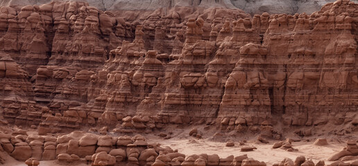 Red Rock Formations and Hoodoos in the Desert at Sunrise. Spring Season. Goblin Valley State Park. Utah, United States. Nature Background.