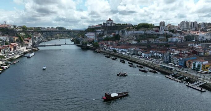 Porto Portugal Aerial View. Dom Luis Bridge at Sunrise. Porto, Portugal. Cityscape of Downtown Touristic Ribeira. Olt Town. Douro River.