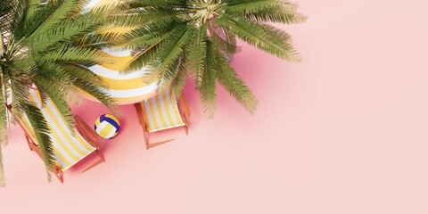 Palm trees, sun loungers and a beach umbrella on a pink background. View from above. 3d rendering