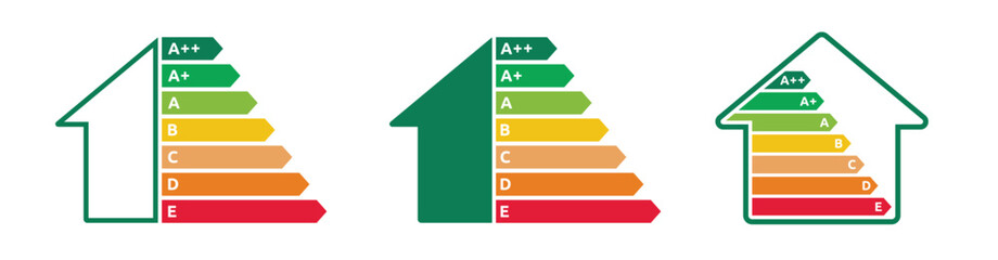 EPC energy performance certificate - House energy class, economics, performance, efficiency - Power consumption, eco, classification - Set vector art