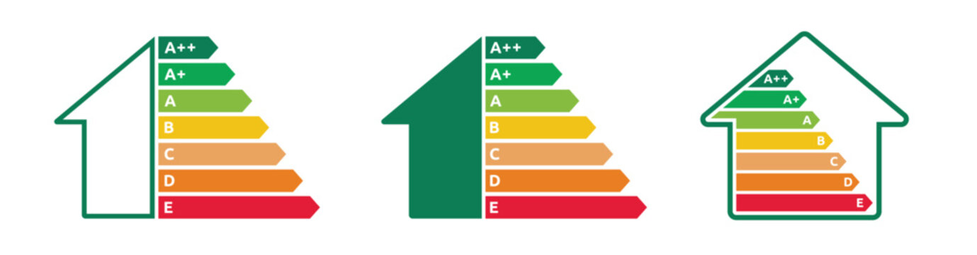 EPC Energy Performance Certificate - House Energy Class, Economics, Performance, Efficiency - Power Consumption, Eco, Classification - Set Vector Art