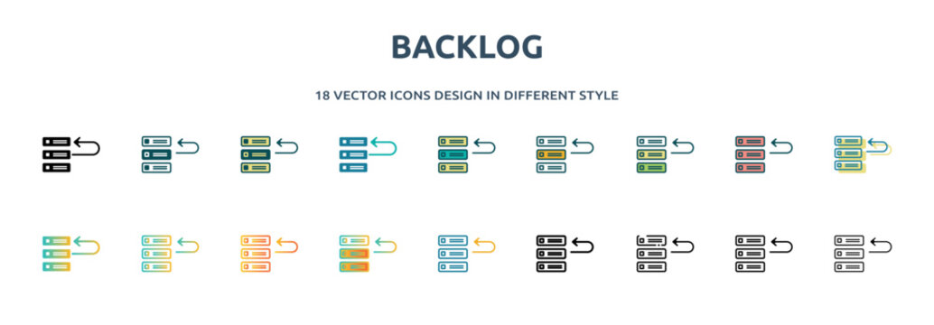 backlog icon in 18 different styles such as thin line, thick line, two color, glyph, colorful, lineal color, detailed, stroke and gradient. set of backlog vector for web, mobile, ui