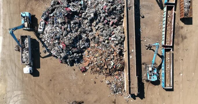 Scrap Metal Recycling. Aerial View of Industrial scrap Processing.