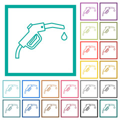 Gasoline pump fuel nozzle outline flat color icons with quadrant frames