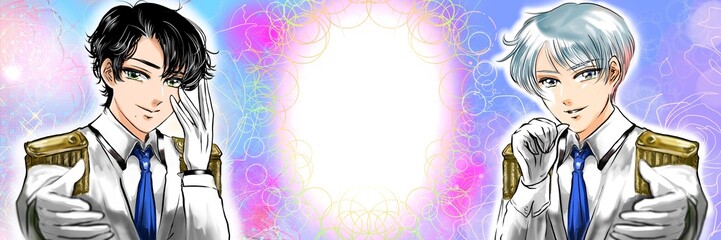 王子様風イケメンアイドル達がファンに手を差し伸べるアニメ風カラーイラストと花園背景