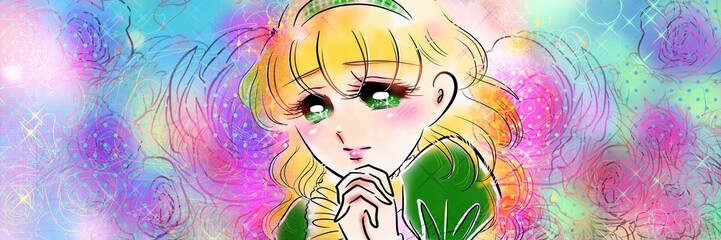 70年代少女漫画緑色の瞳がうるうる金髪パーマお嬢様ドキドキ恋愛成就を祈るポーズイラストと薔薇の花園背