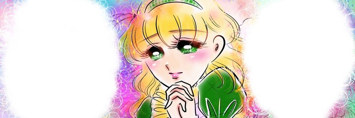 70年代少女漫画緑色の瞳がうるうる金髪パーマお嬢様ドキドキ恋愛成就を祈るポーズイラストと薔薇の花園背