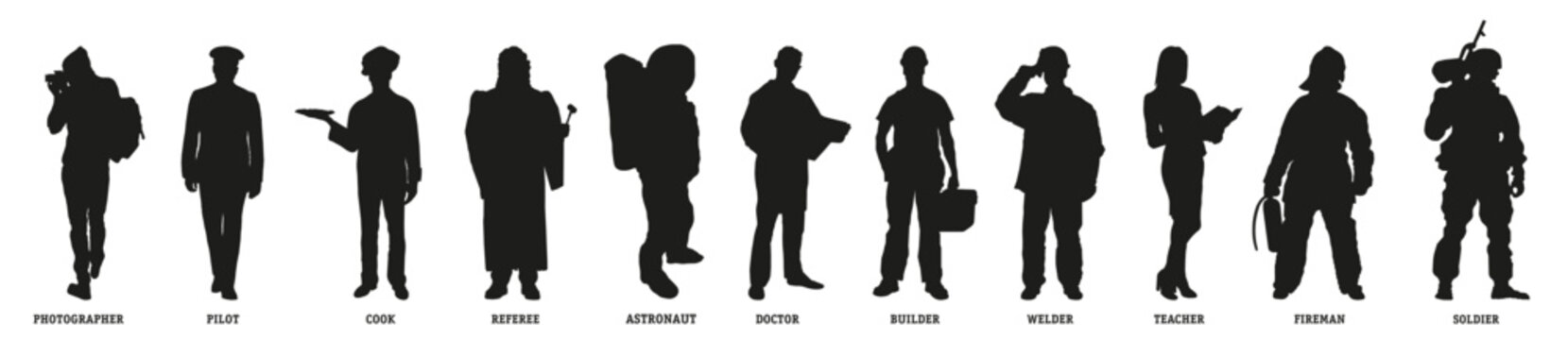 Silhouettes of various professions in black. Vector flat image.
