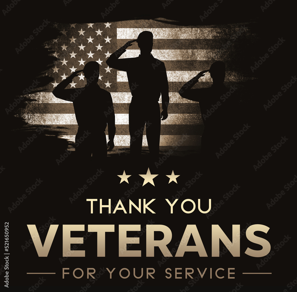 Wall mural thank you veterans for your service with saluting soldiers and american flag. paying tribute and pat