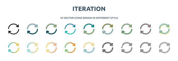 iteration icon in 18 different styles such as thin line, thick line, two color, glyph, colorful, lineal color, detailed, stroke and gradient. set of iteration vector for web, mobile, ui