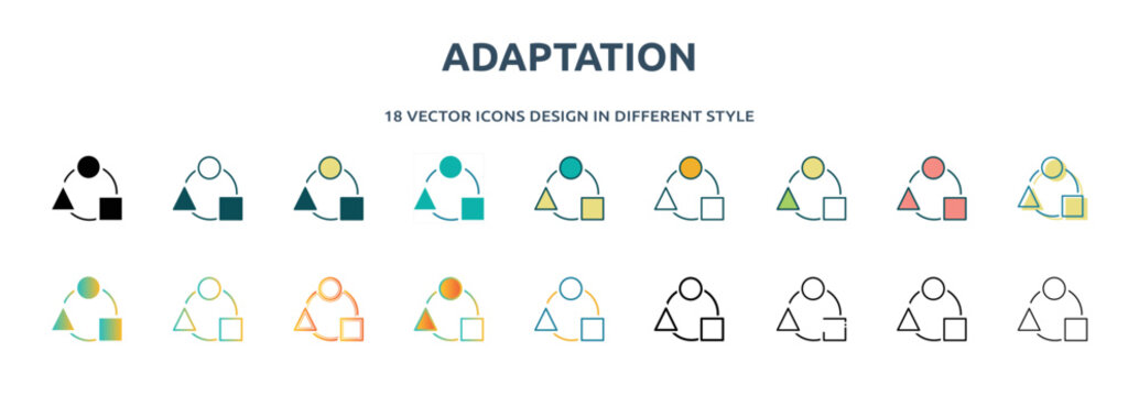 adaptation icon in 18 different styles such as thin line, thick line, two color, glyph, colorful, lineal color, detailed, stroke and gradient. set of adaptation vector for web, mobile, ui