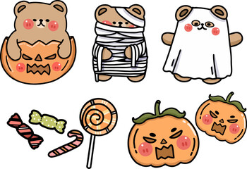 set cartoon character bear halloween theme, vector illustration