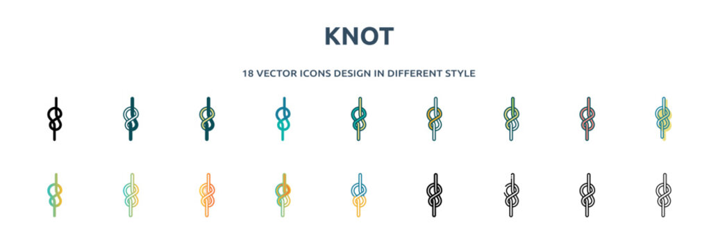 knot icon in 18 different styles such as thin line, thick line, two color, glyph, colorful, lineal color, detailed, stroke and gradient. set of knot vector for web, mobile, ui