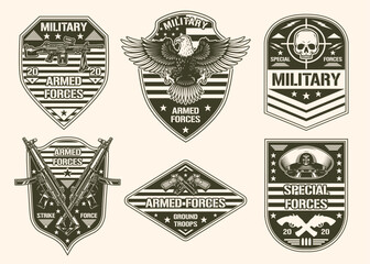 Fototapeta premium Military forces set monochrome emblem vintage