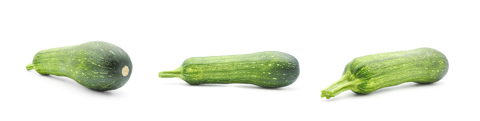Fresh green zucchini, different angles set isolated on white background   