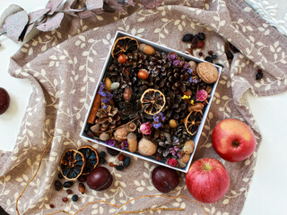 Autumn still life. There is a box with cones, acorns, dried flowers and fruits like an apples and a plums lies on a white table with cozy towel 