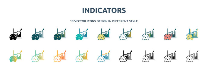 indicators icon in 18 different styles such as thin line, thick line, two color, glyph, colorful, lineal color, detailed, stroke and gradient. set of indicators vector for web, mobile, ui