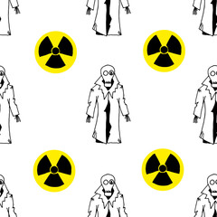 Fototapeta premium Halloween seamless scary man in a torn raincoat and a gas mask with a broken glass with hazard sign. Stop nuclear weapons concept.