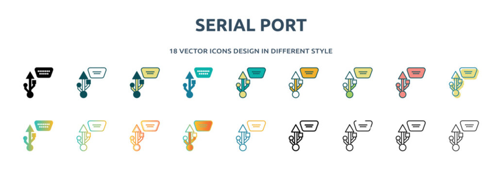 serial port icon in 18 different styles such as thin line, thick line, two color, glyph, colorful, lineal color, detailed, stroke and gradient. set of serial port vector for web, mobile, ui