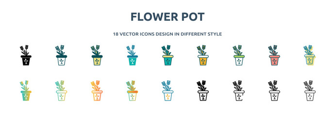 flower pot icon in 18 different styles such as thin line, thick line, two color, glyph, colorful, lineal color, detailed, stroke and gradient. set of flower pot vector for web, mobile, ui