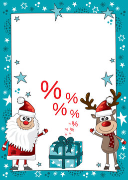 Weihnachten Rabatt Gag für Flyer und Shop Banner mit lustigem Weihnachtsmann und Rentier beim Geschenke shoppen