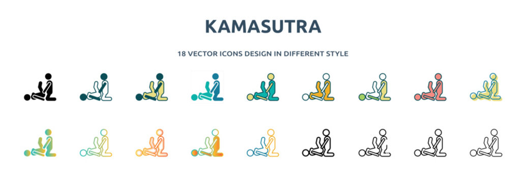 kamasutra icon in 18 different styles such as thin line, thick line, two color, glyph, colorful, lineal color, detailed, stroke and gradient. set of kamasutra vector for web, mobile, ui