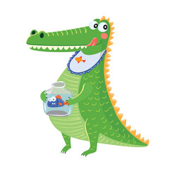 Cute crocodile, funny alligator predator with a fish.