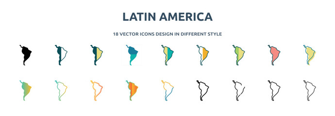 latin america icon in 18 different styles such as thin line, thick line, two color, glyph, colorful, lineal color, detailed, stroke and gradient. set of latin america vector for web, mobile, ui