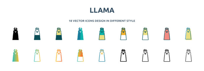 llama icon in 18 different styles such as thin line, thick line, two color, glyph, colorful, lineal color, detailed, stroke and gradient. set of llama vector for web, mobile, ui © IconArt
