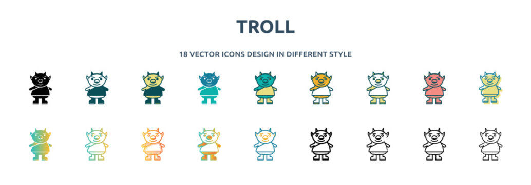 troll icon in 18 different styles such as thin line, thick line, two color, glyph, colorful, lineal color, detailed, stroke and gradient. set of troll vector for web, mobile, ui