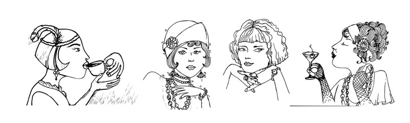 Art Deco woman. Roaring girl drink wine and coffee. 1920s Gatsby female at the holds a glass of cocktail in her hand. Flappers women set. Retro style linear hand drawn vector illustration