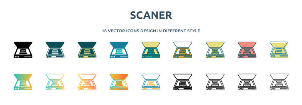 scaner icon in 18 different styles such as thin line, thick line, two color, glyph, colorful, lineal color, detailed, stroke and gradient. set of scaner vector for web, mobile, ui
